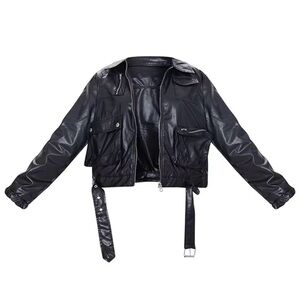 NWT PrettyLittleThing Faux Leather Pocket Belted Moto Aviator Bomber Jacket